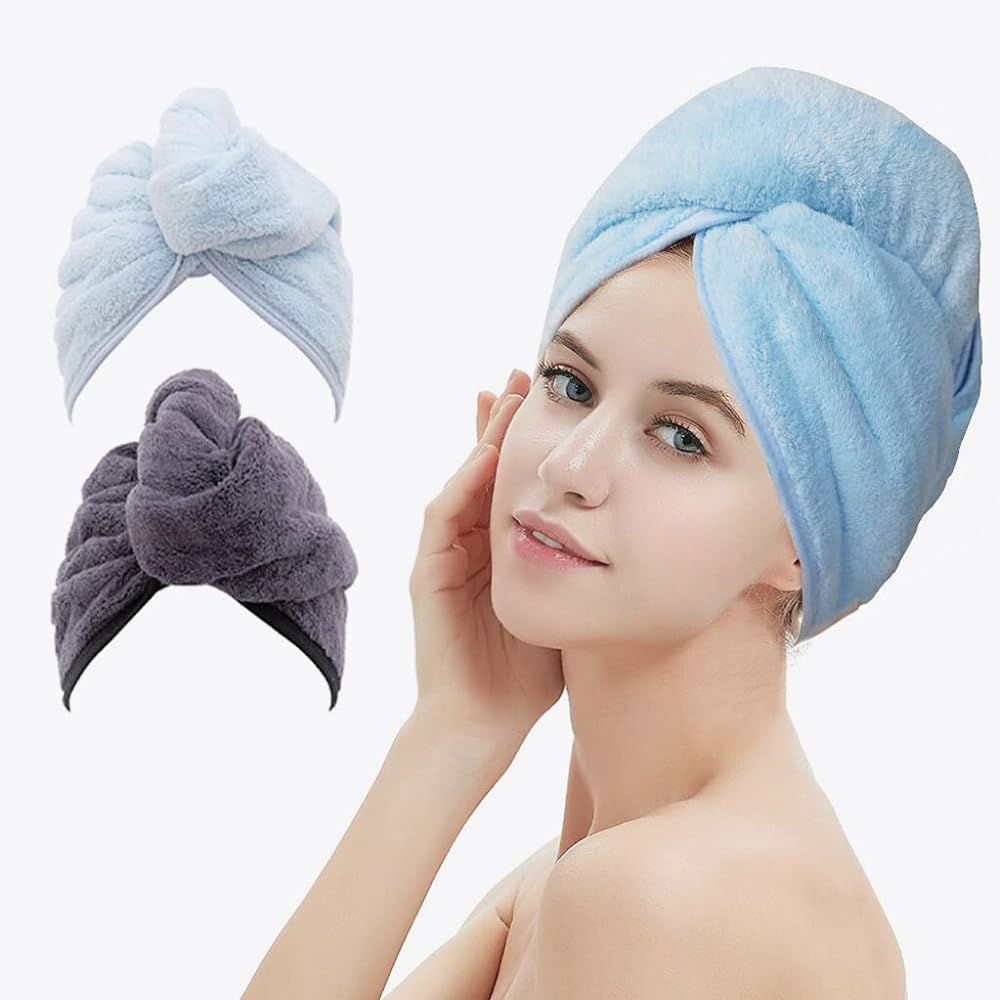 2 Pack Microfiber Hair Towel Wrap,Hair Drying Towel with Button, Towel Turban,Head Towel to Dry Hair Quickly (Pink&Beige)